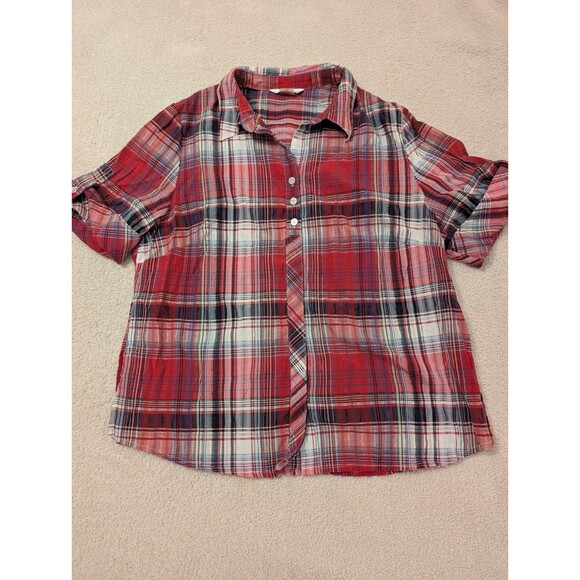 ALIA  Button Front Shirt Tab Sleeve Red Blue Plaid Size 14p - Picture 1 of 11